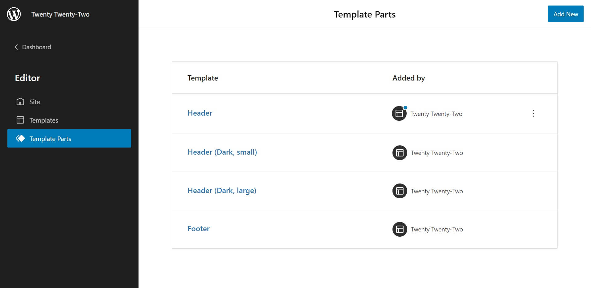 Template parts interface in the WordPress Full Site Editor